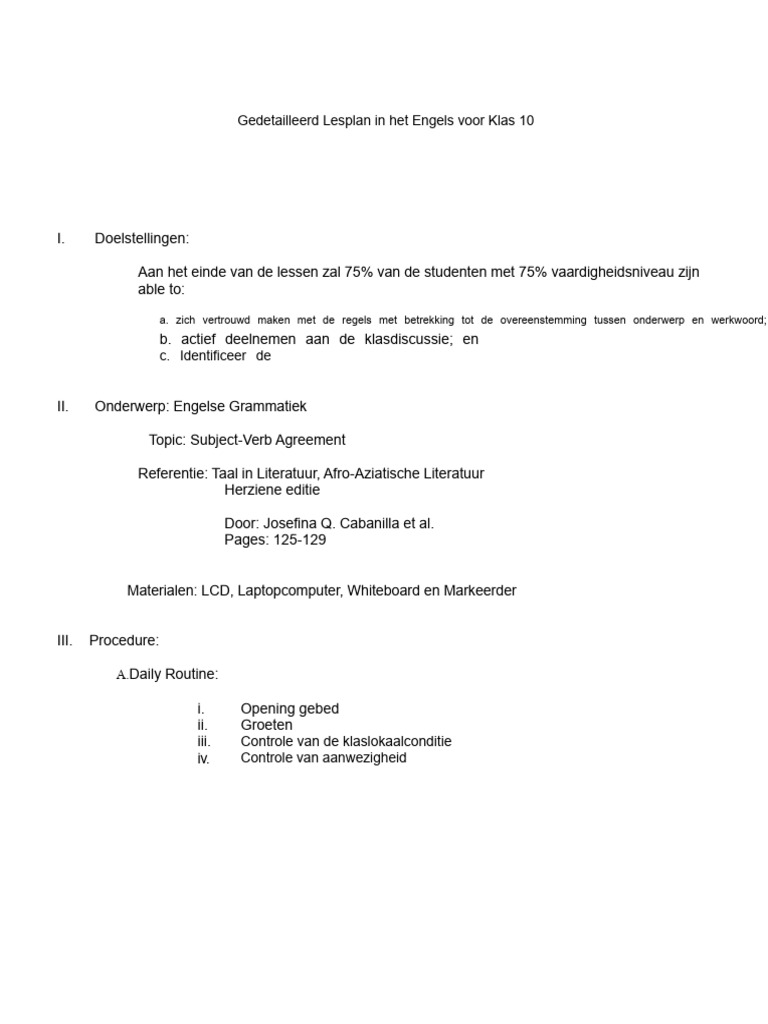 Onderwerp Werkwoord Overeenstemming Lesplan | PDF