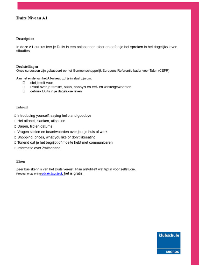 Duitse Niveau A1 Beschrijving PDF | PDF