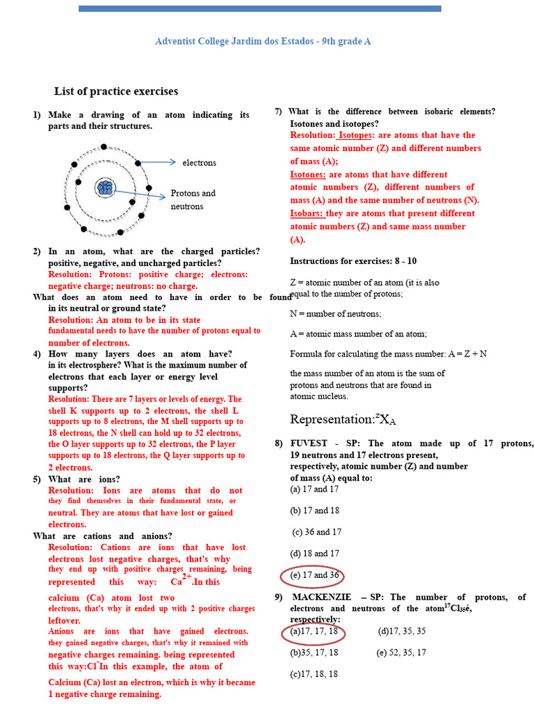 9th Grade Atom Structure Exercises | PDF | Ion | Atoms