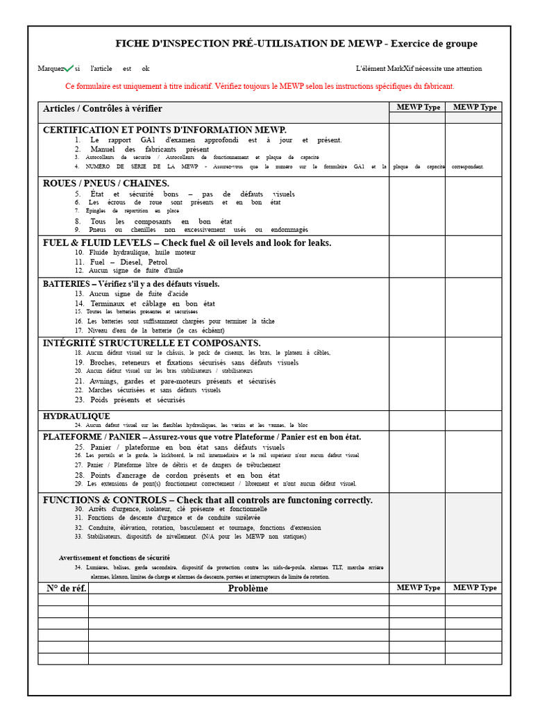 Inspection Pré-Utilisation MEWP Guide | PDF