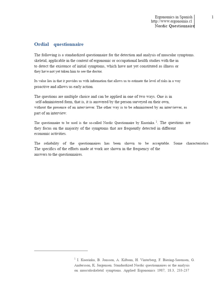 Nordic Questionnaire for Ergonomics | PDF | Questionnaire ...