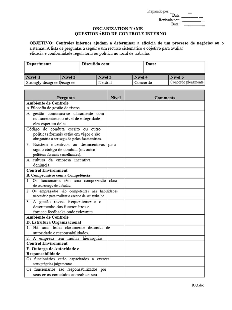 Questionário de Controle Interno de Recursos Humanos | PDF | Gestão de ...