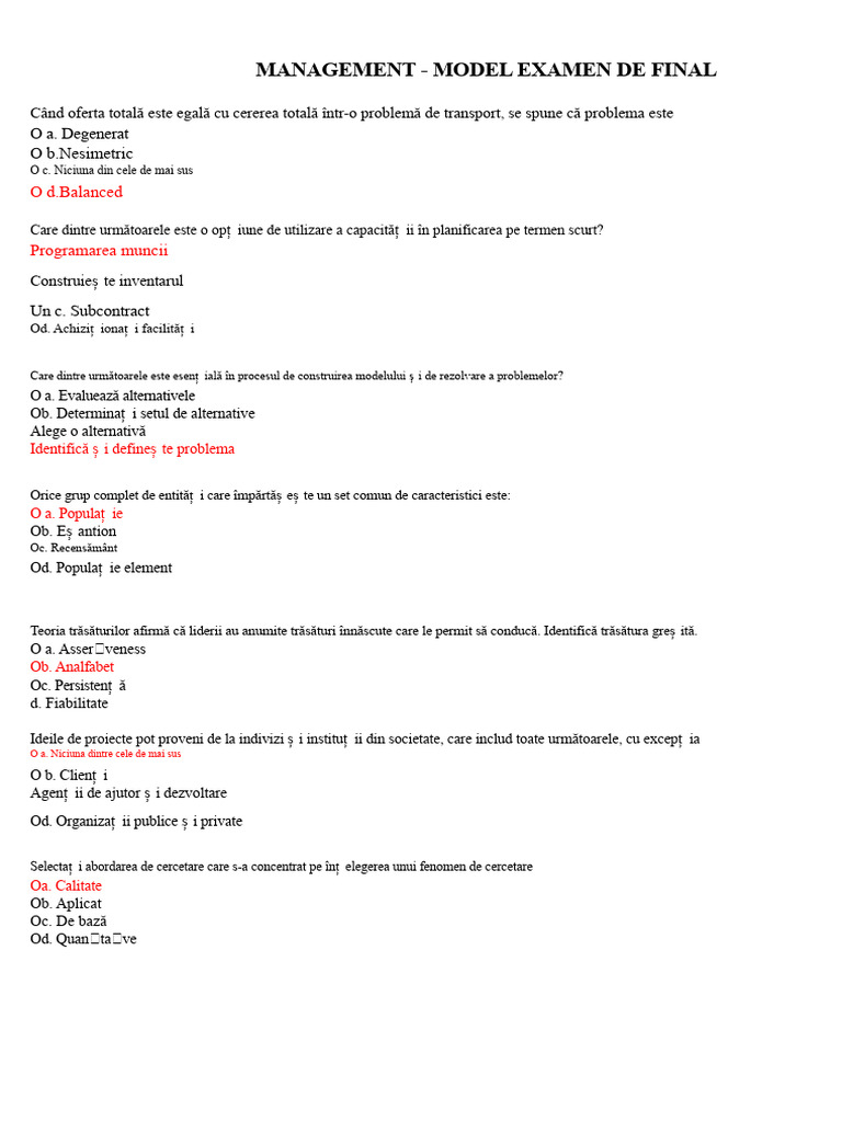 Model de Examen de Ieșire În Management Cu Răspunsuri | PDF