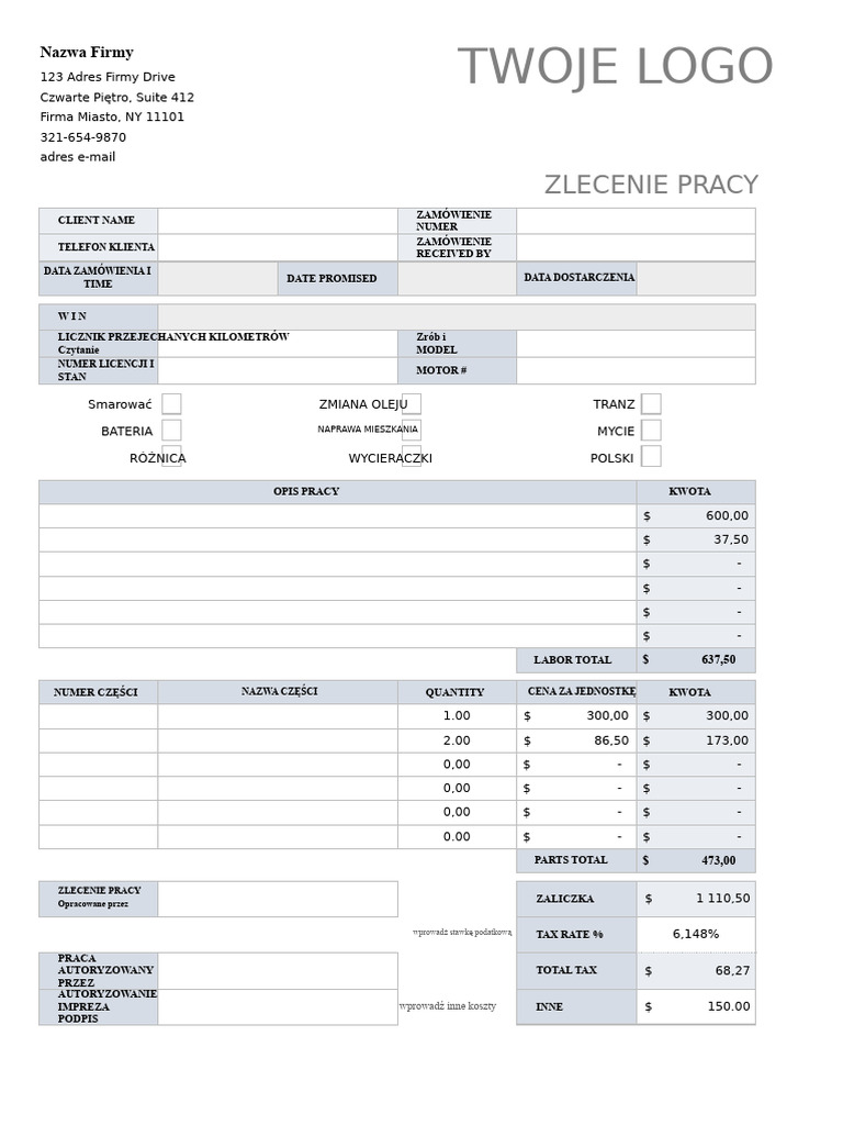 IC Automotive Work Order Template 8963 | PDF