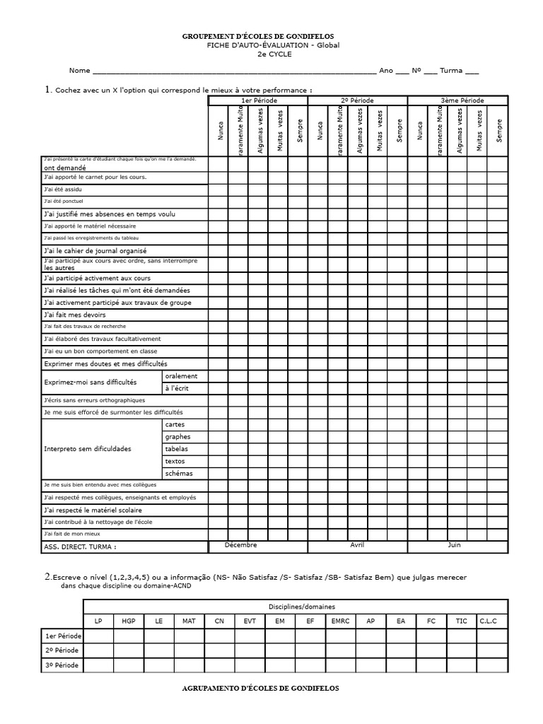 Fiche d'Auto-Évaluation Scolaire | PDF