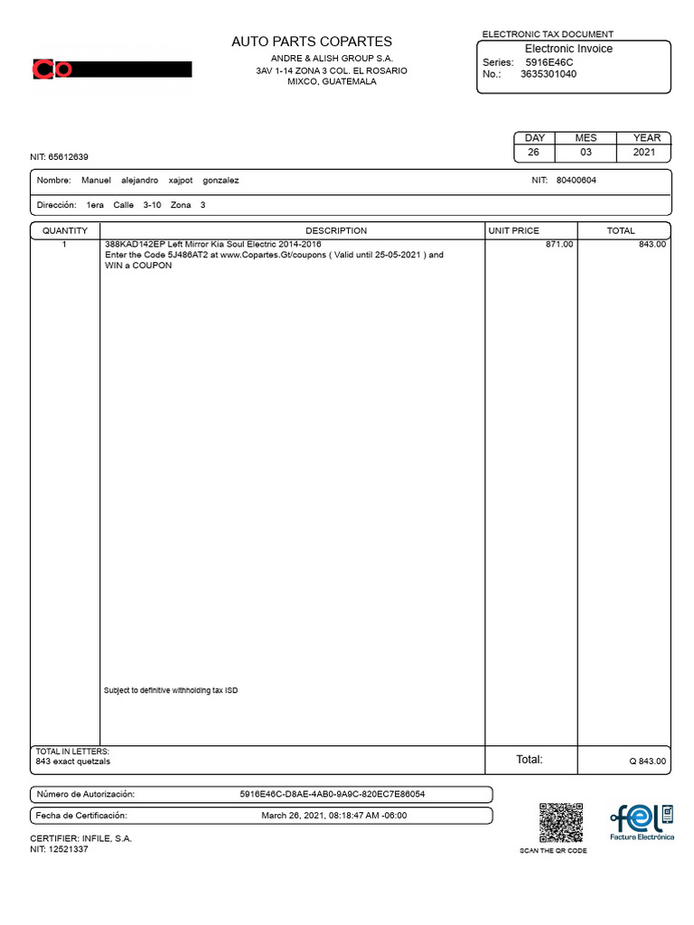 Auto Parts Copartes: Electronic Invoice | PDF
