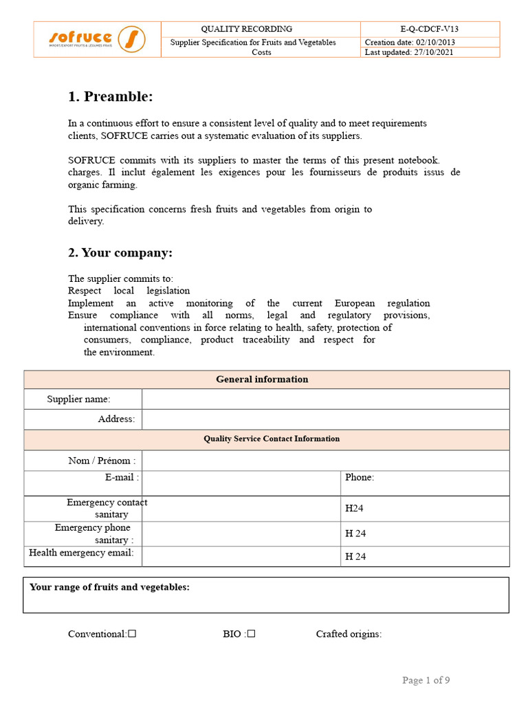 E - Supplier Specifications V13 | PDF | Regulatory Compliance | Vegetables