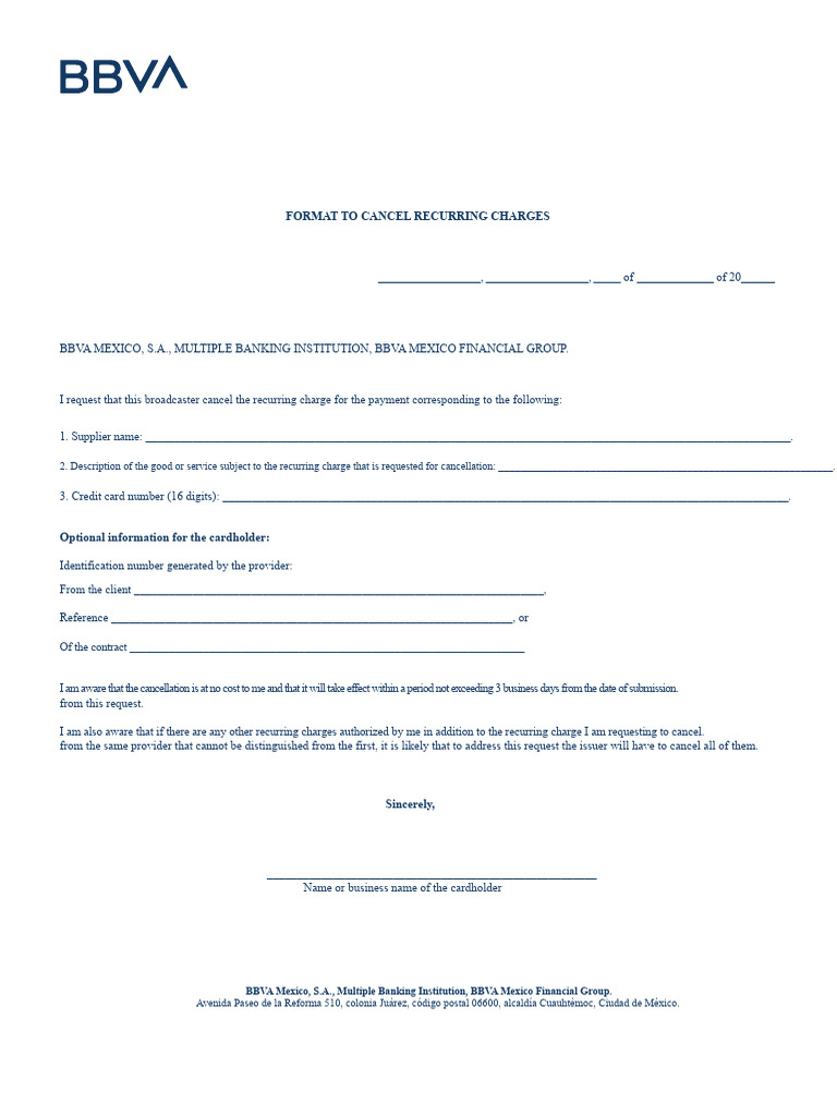 Cancel Recurring Charges Form BBVA | PDF