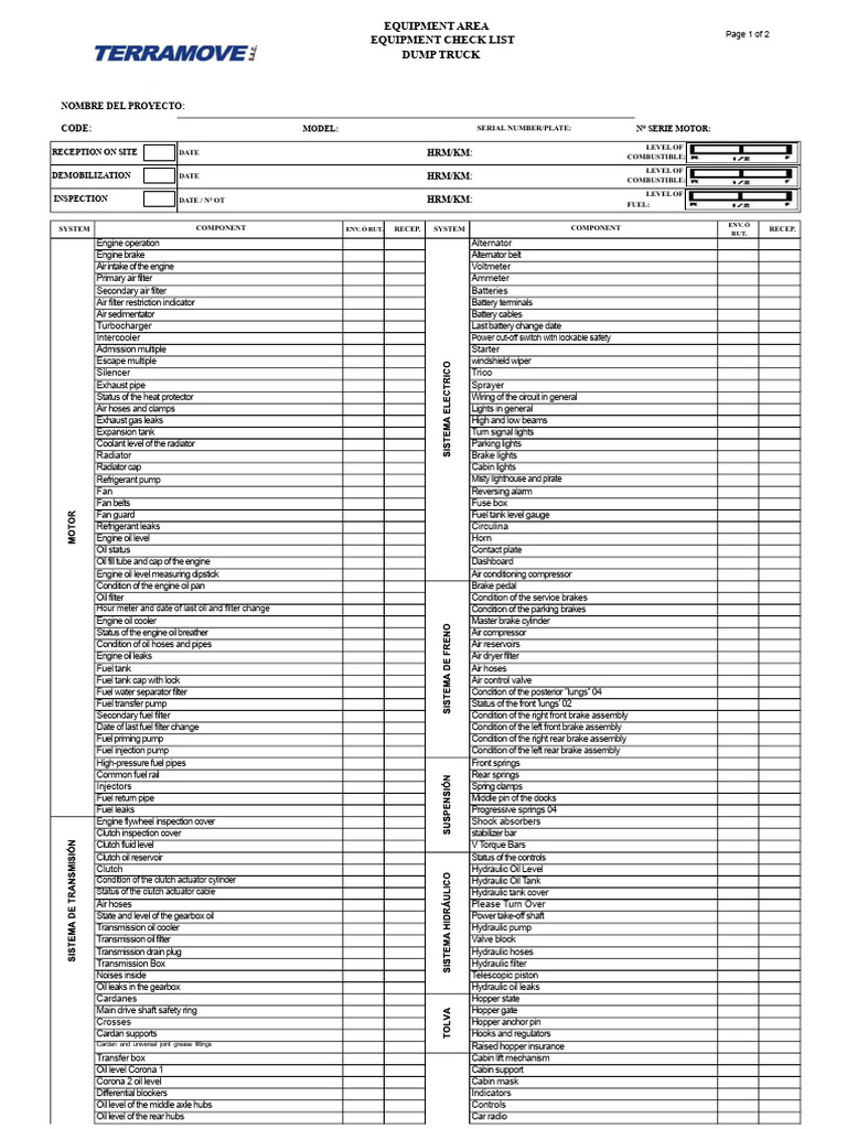 Checklist Equipment - Dump Truck PDF | PDF | Clutch | Truck