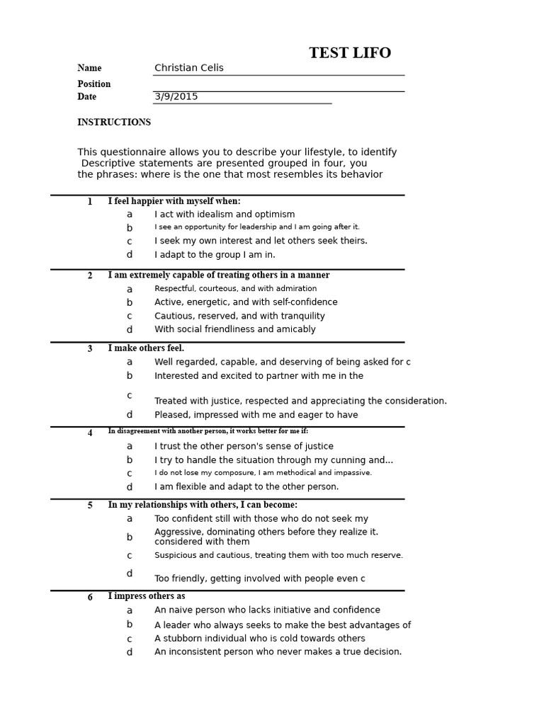 Lifo Test Results | PDF | Psychology | Psychological Concepts