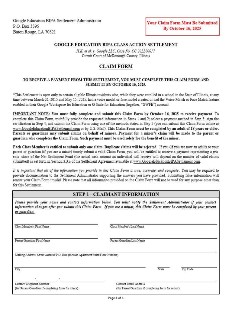 Google Education BIPA Claim Form | PDF | Identity Document | Pay Pal