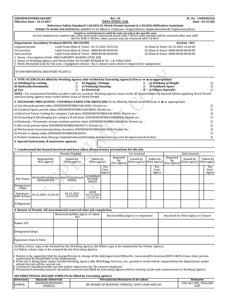 Permit to Work for Civil Job at Tata Steel | PDF | Occupational Safety ...