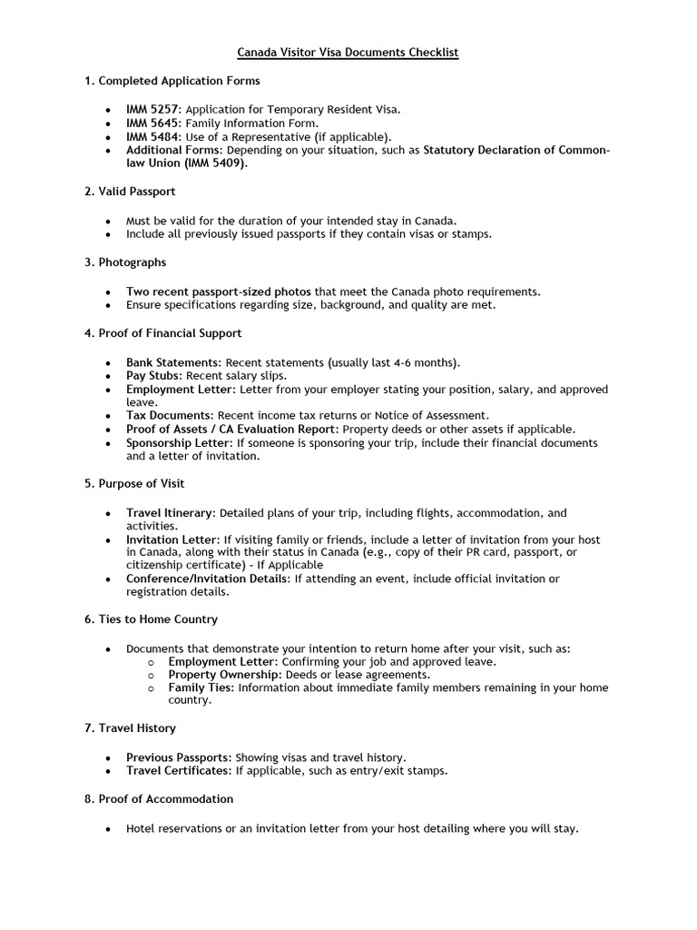 Canada Visitor Visa Document Checklist | PDF | Travel Visa | Passport