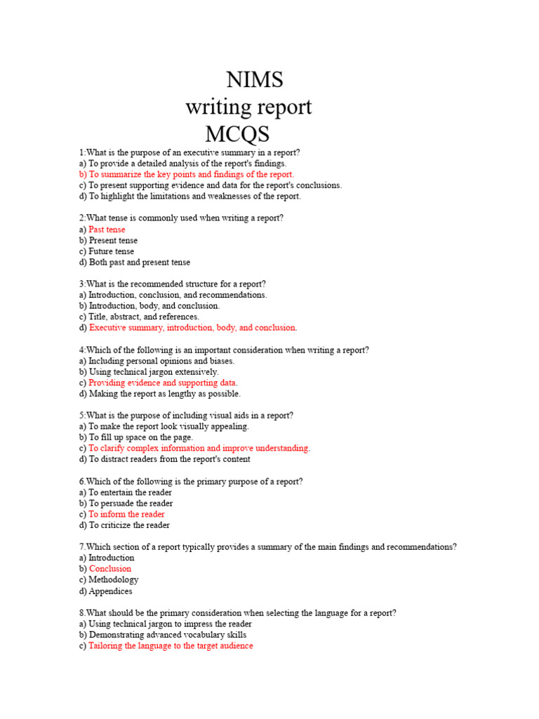 Essential Guide to Report Writing MCQs | PDF | Information | Methodology