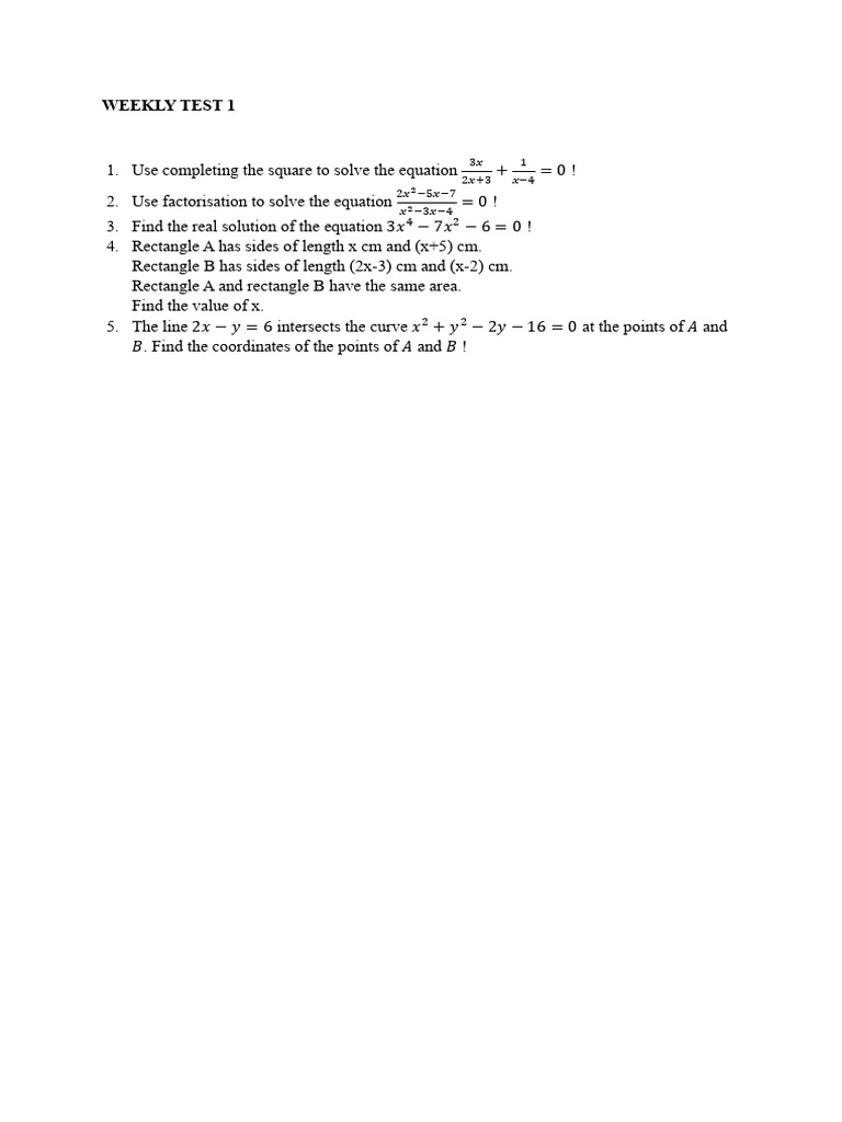 Weekly Math Test: Equations & Geometry | PDF