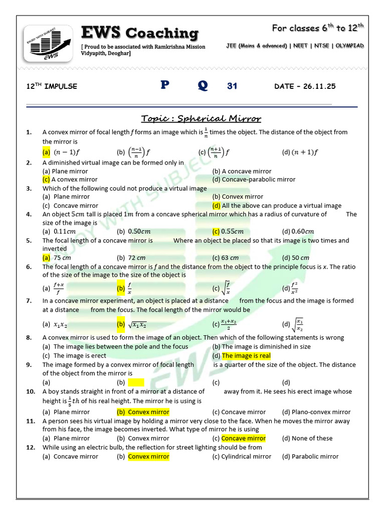Spherical Mirror Physics Quiz Questions | PDF | Mirror ...
