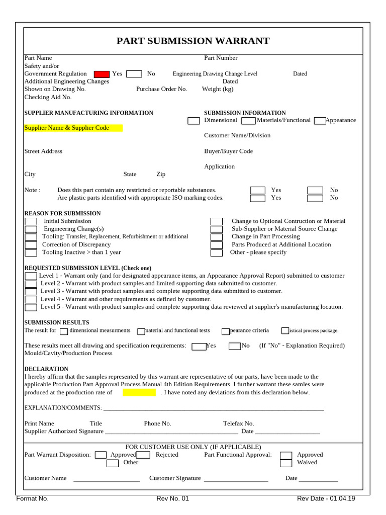 Part Submission Warrant Template | PDF | Specification (Technical Standard)