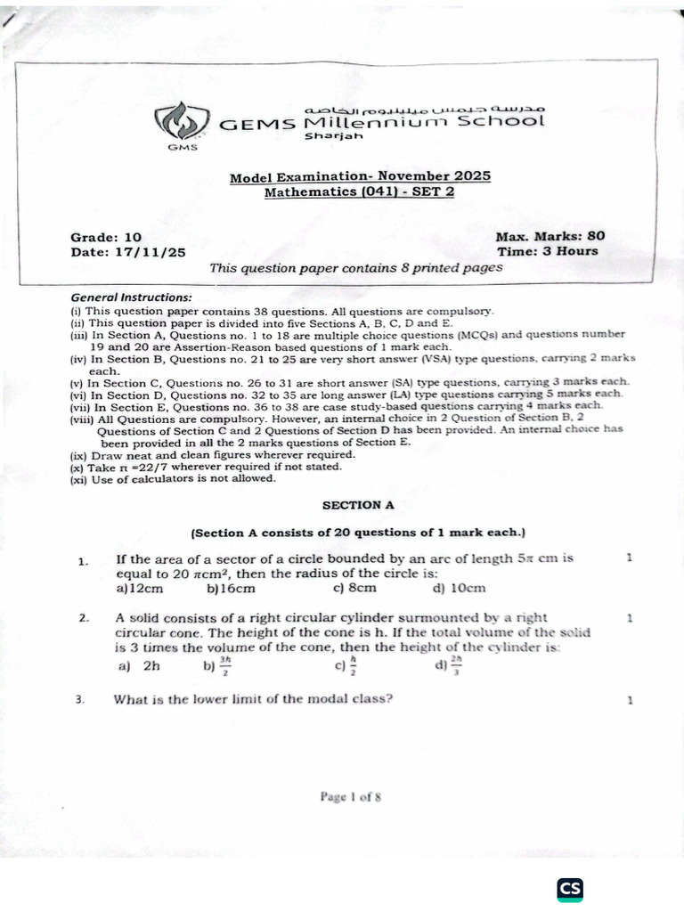 Maths Gems Millennium Model Paper | PDF