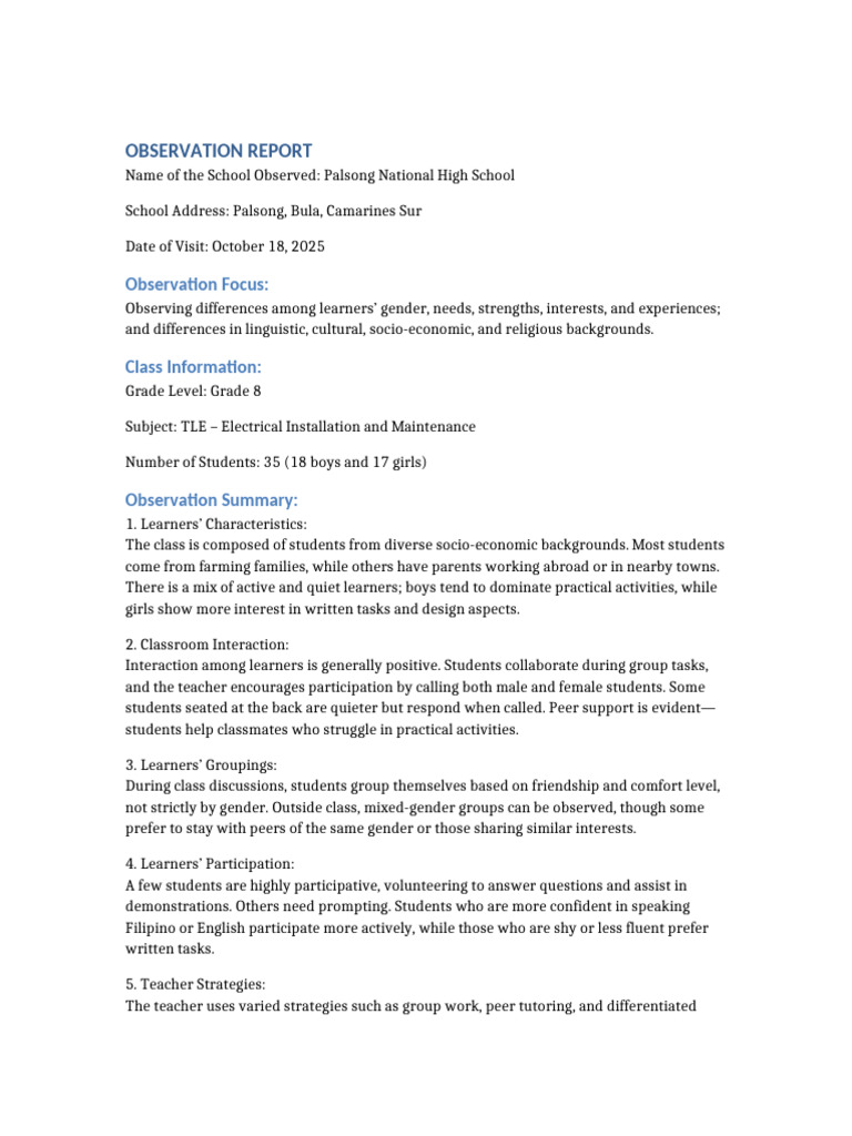 Classroom Diversity Observation Report | PDF | Teachers | Classroom