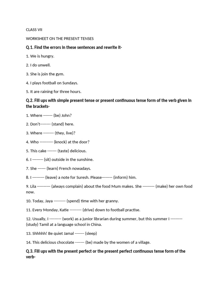 CLASS VII Worksheet On The Present Tenses | PDF | Chess Theory | Chess