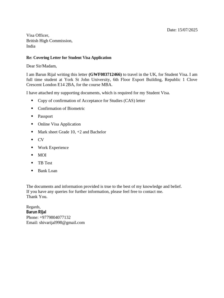 Student Visa Application Cover Letter | PDF