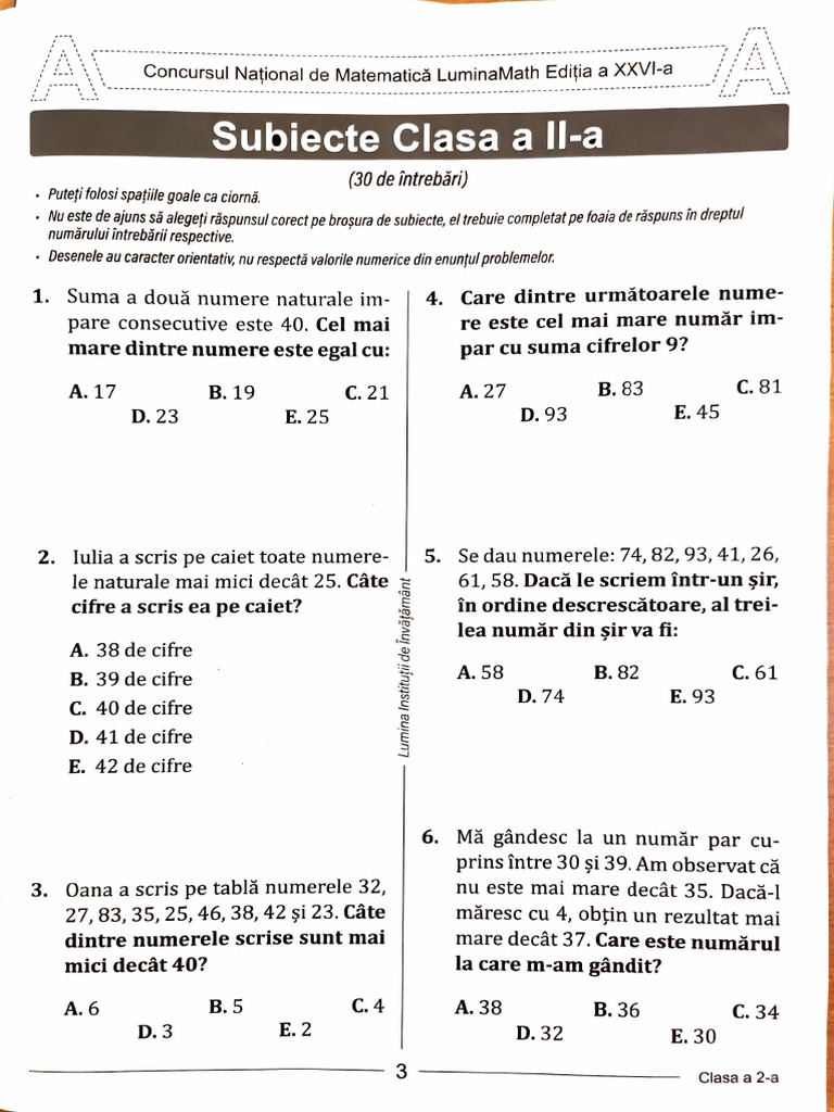 LUMINA MATH - Subiecte Clasa A Doua | PDF