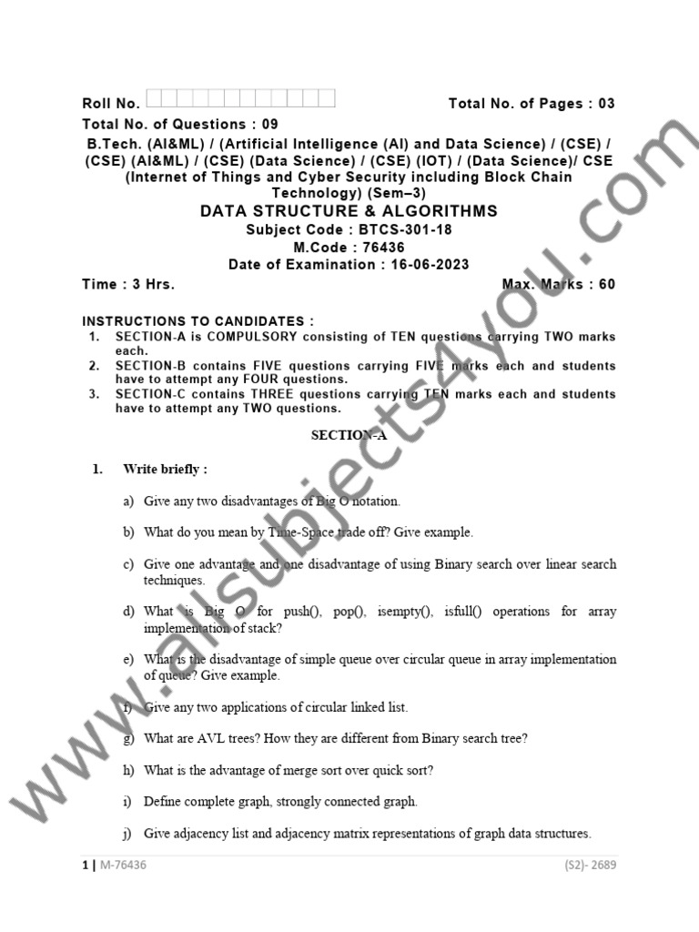 BTech BTCS 301 18 Data Structure and Algorithms Sem 3 | PDF | Queue ...