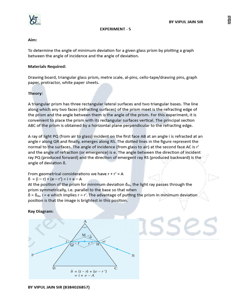 To Determine The Angle of Minimum Deviation For A Given Glass Prism by ...