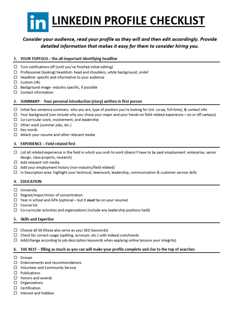 LinkedIn Profile Optimization Checklist | PDF