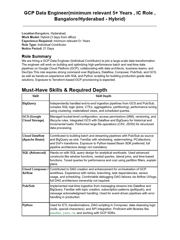 GCP Data Engineer (Minimum Relevant 5+ Years, IC Role, Bangalore ...