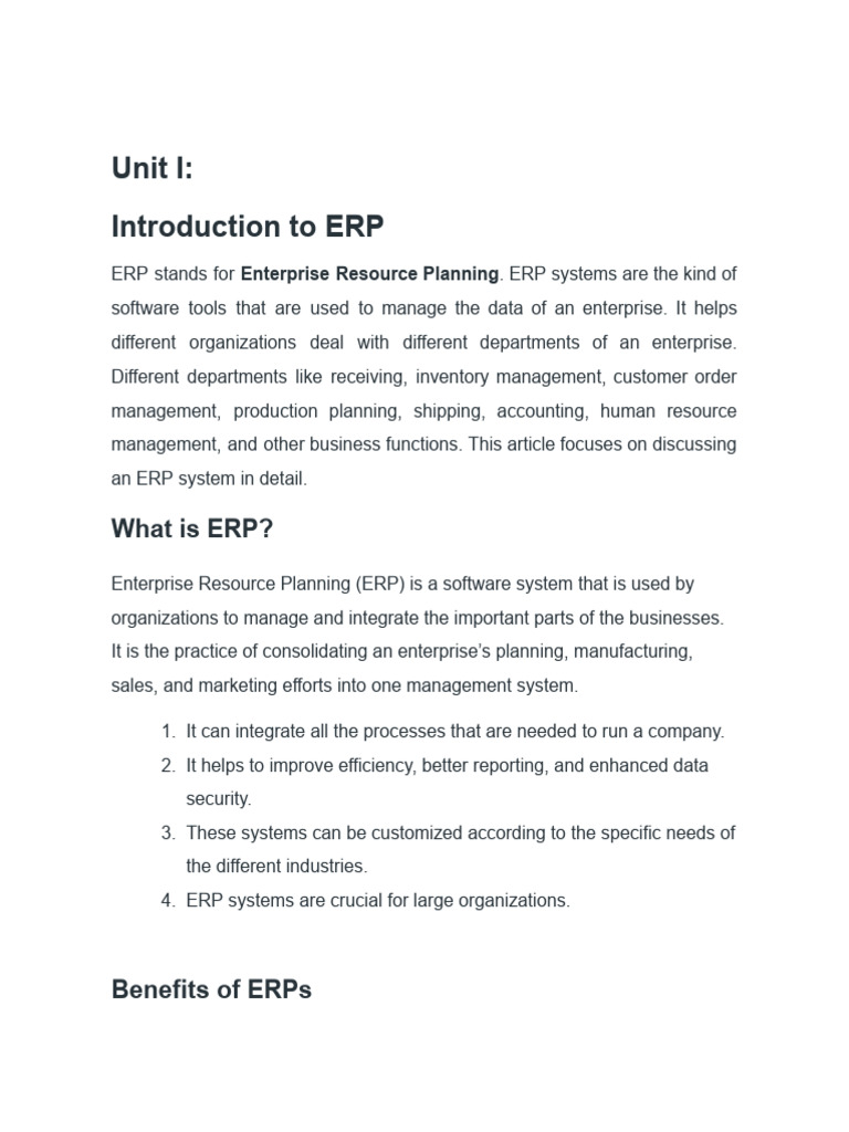 ERP UNIT I | PDF | Enterprise Resource Planning | Supply Chain Management