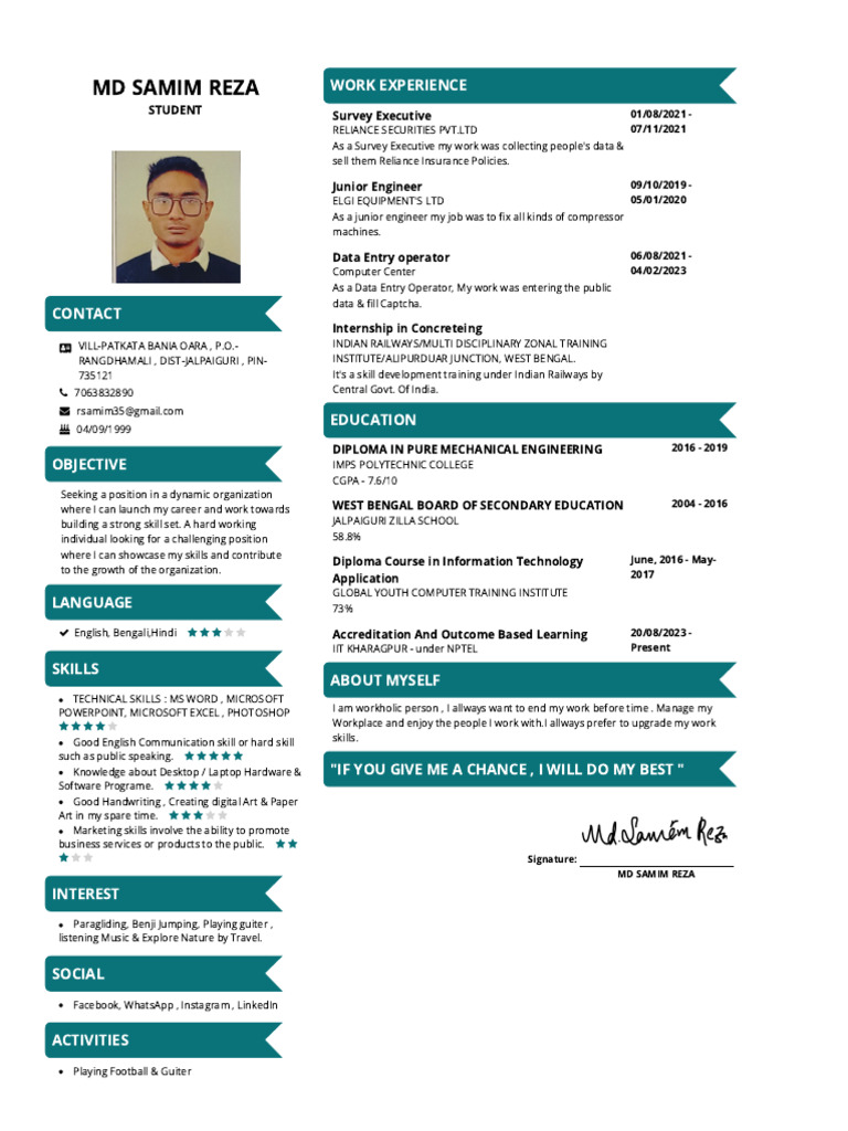 MD Samim Rezaresume (Mech Engg) | PDF | Computing