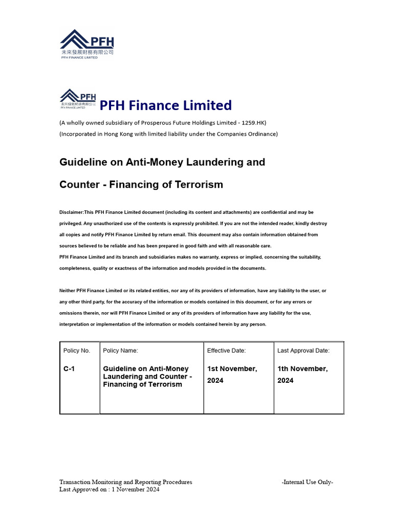 PFH Finance Limited - Guideline On Anti-Money Laundering and Counter -  Financing of Terrorism - V2024 - 1 | PDF | Terrorism Financing | Business