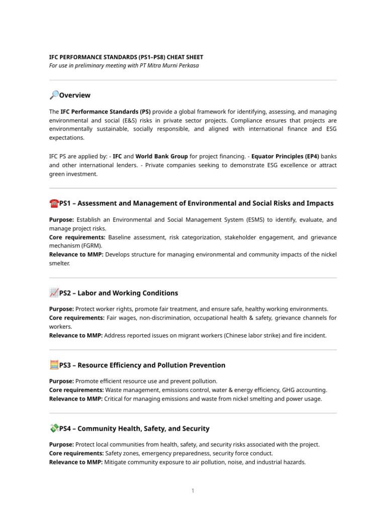 IFC Performance Standards Cheat Sheet | PDF | Biodiversity ...
