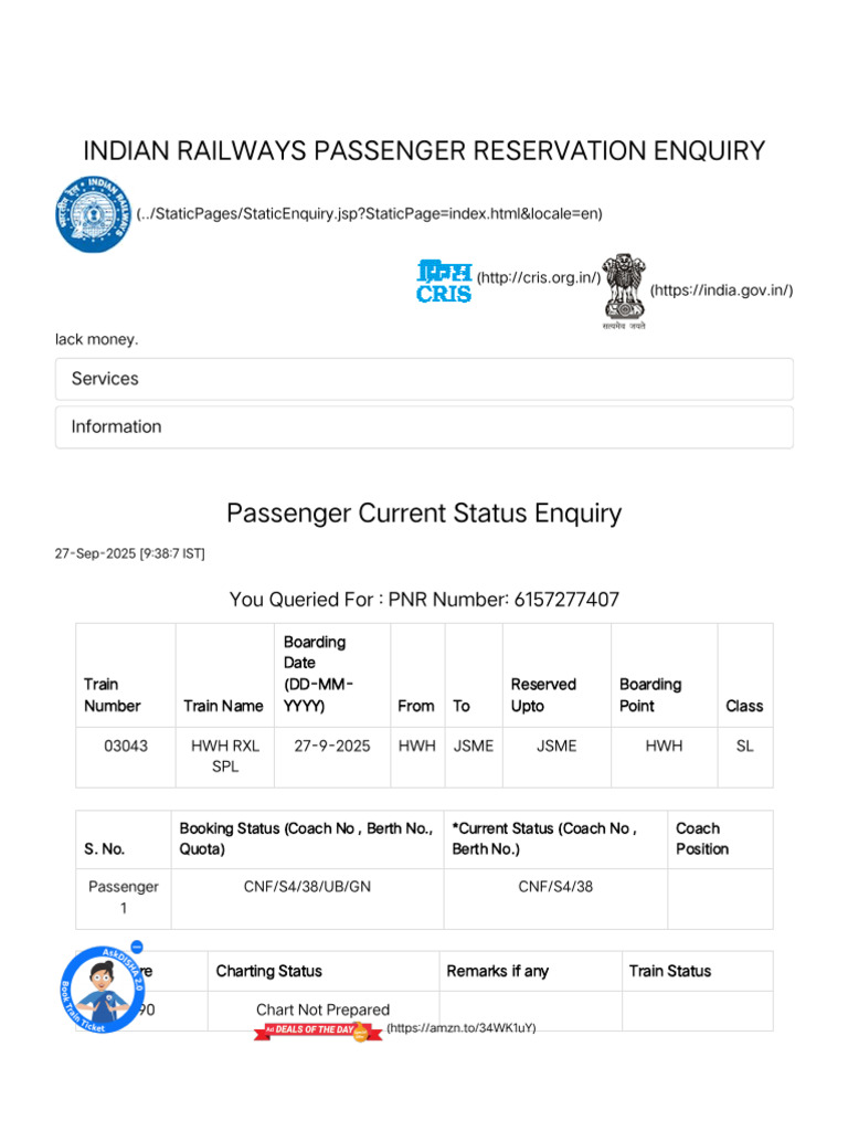 Indian Railways PNR Status Enquiry | PDF
