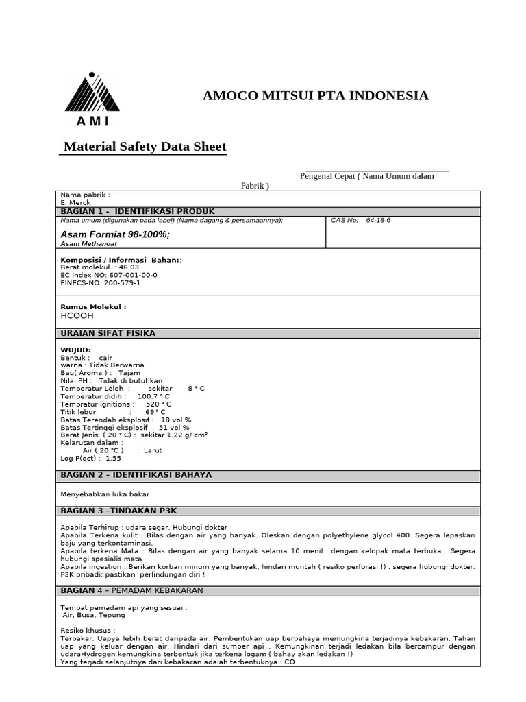 MSDS Asam Formiat 98-100% Indonesia | PDF