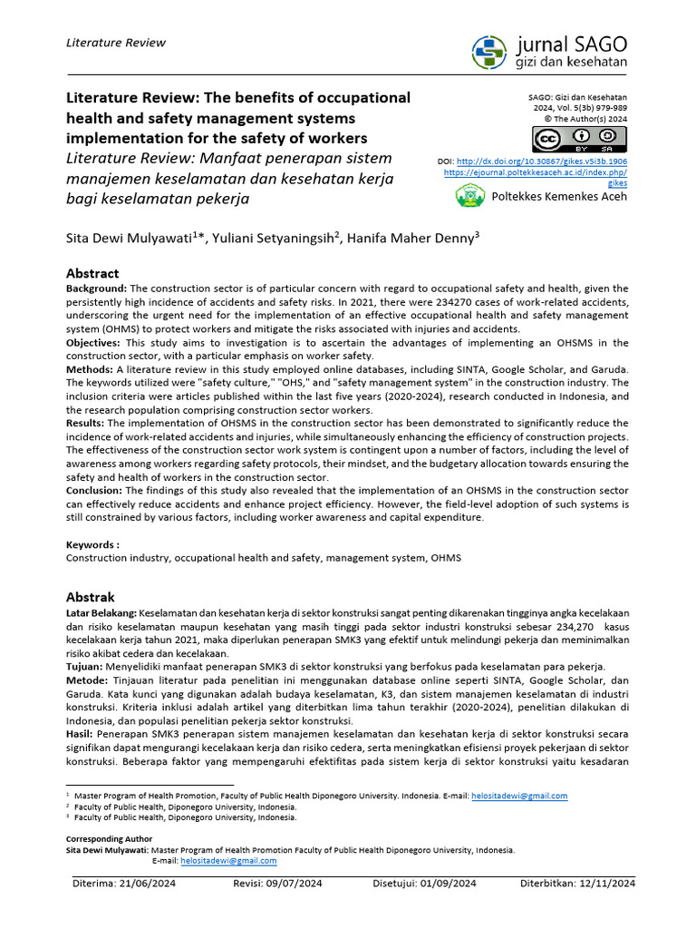 Literature Review The Benefits of Occupational Health and Safety | PDF ...