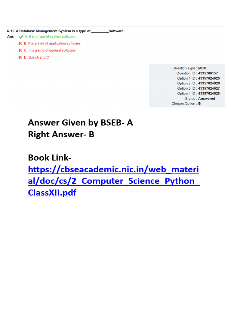 BSEB Answer Key for Python Class XII | PDF