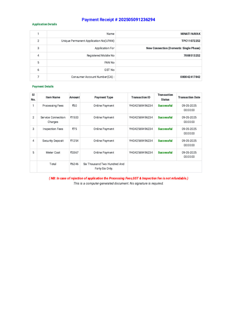 Payment Receipt for New Connection | PDF | Receipt | Fee