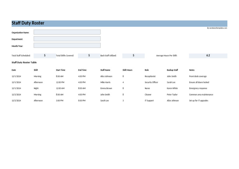 Staff Duty Roster Template For Excel 2 | PDF