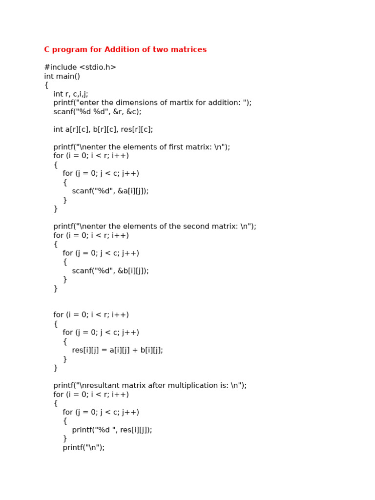 C Programs for Matrix Operations | PDF | Matrix (Mathematics ...