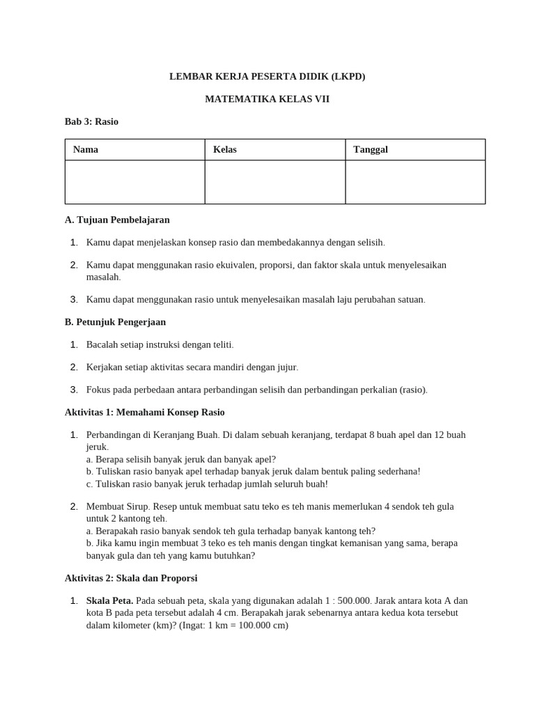 LKPD Matematika Kelas VII: Rasio dan Proporsi | PDF