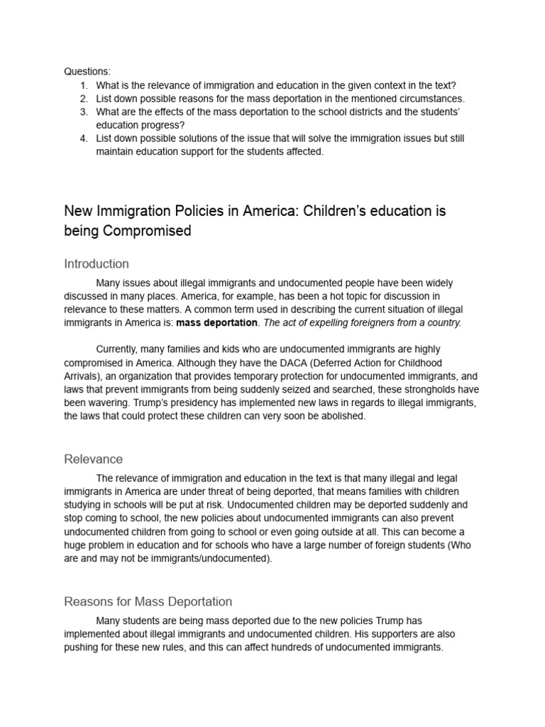 GP ESSAY - New Immigration Policies in America - Children's Education ...