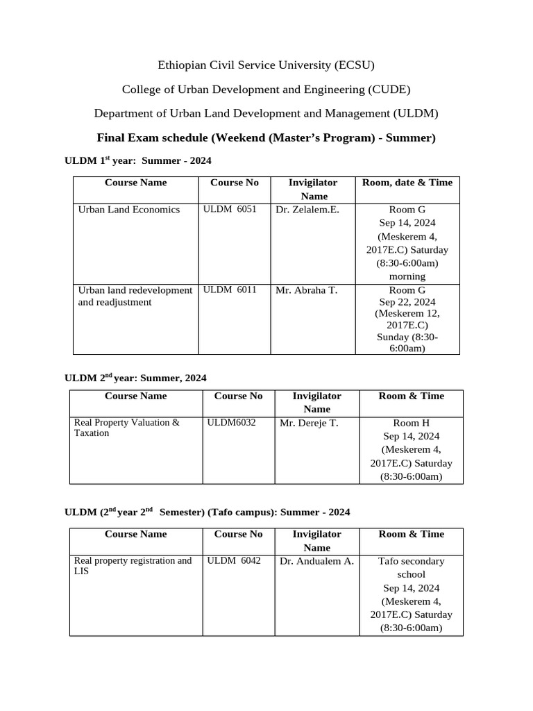 Final Exam Schedule (ULDM Weekend Summer 2016) | PDF