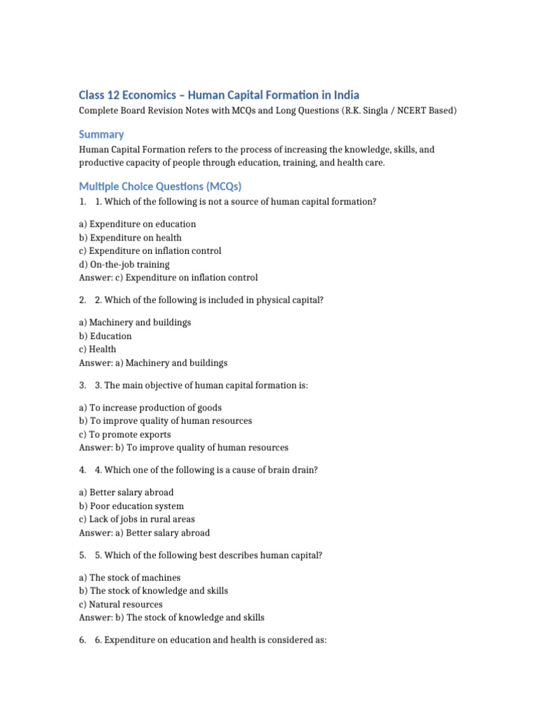 Human Capital Formation in India: Class 12 Notes | PDF | Human Capital ...