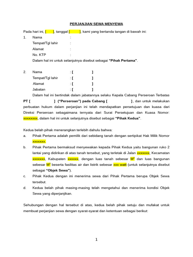 Perjanjian Sewa Ruko 2 Lantai | PDF