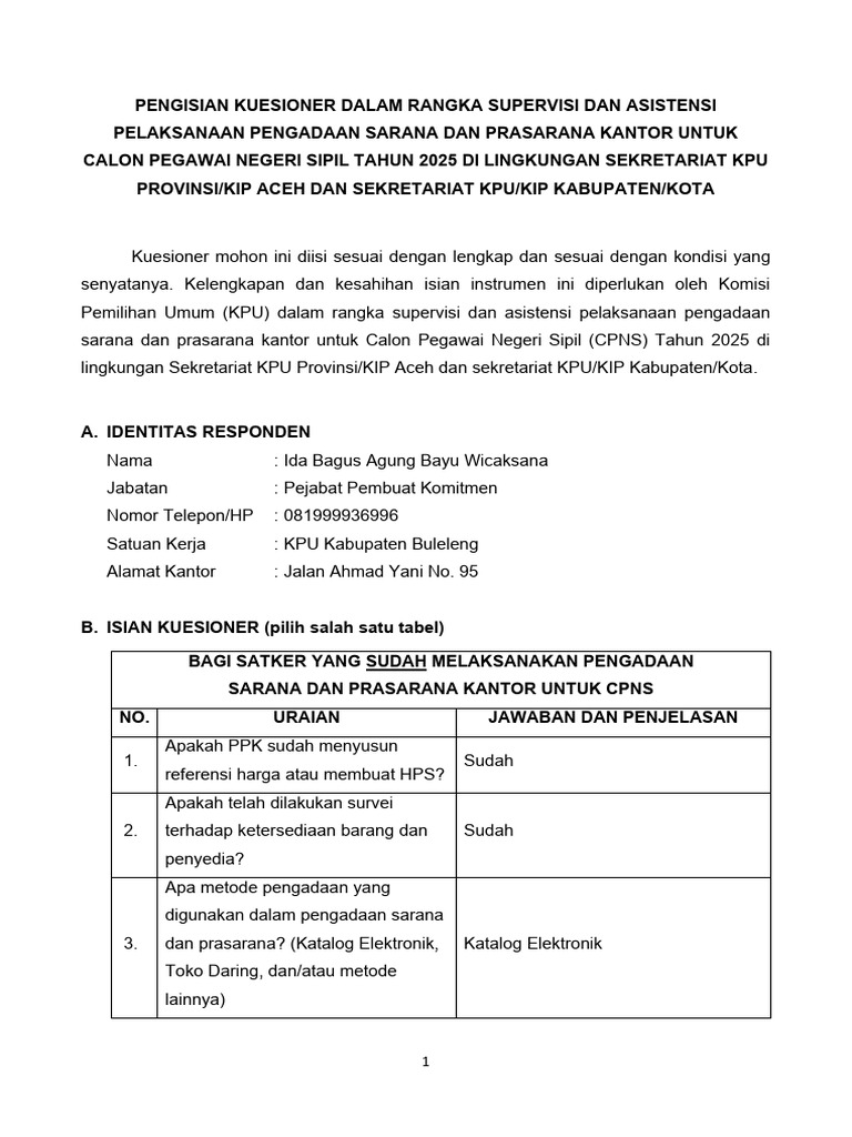Kuesioner Pengadaan Sarana KPU 2025 | PDF