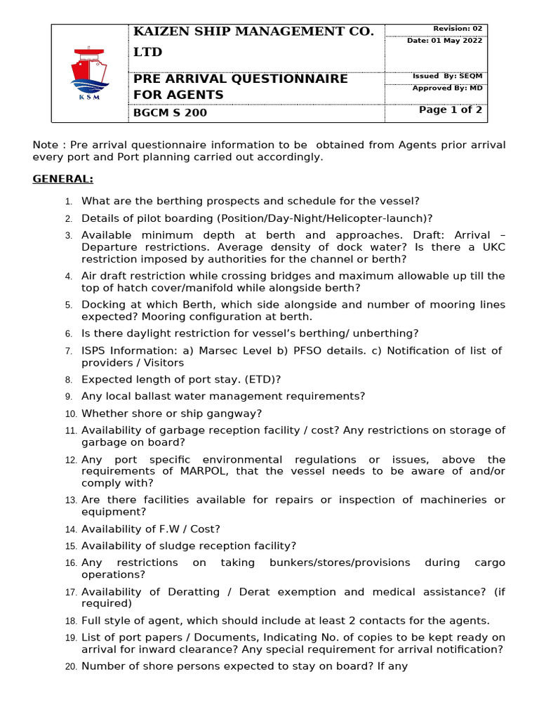 Pre Arrival Questionnaire for Agents | PDF | Cargo | Shipping