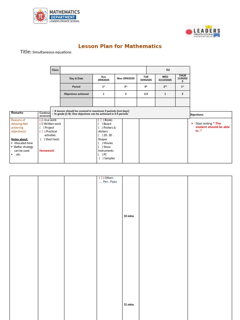 Example of Lesson Plan Week 6 | PDF