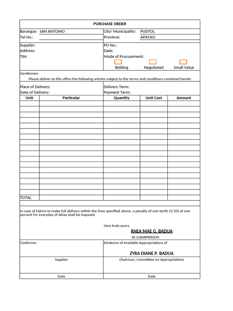 Purchase Order for Barangay San Antonio | PDF
